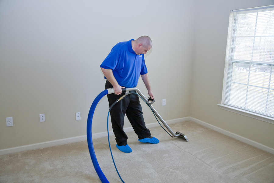 Carpet cleaner steam cleaning a residential carpet