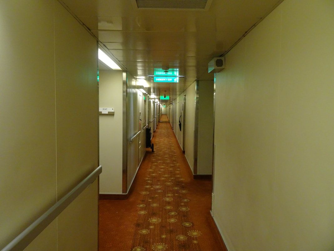Hotel hallway with freshly cleansed flooring. 